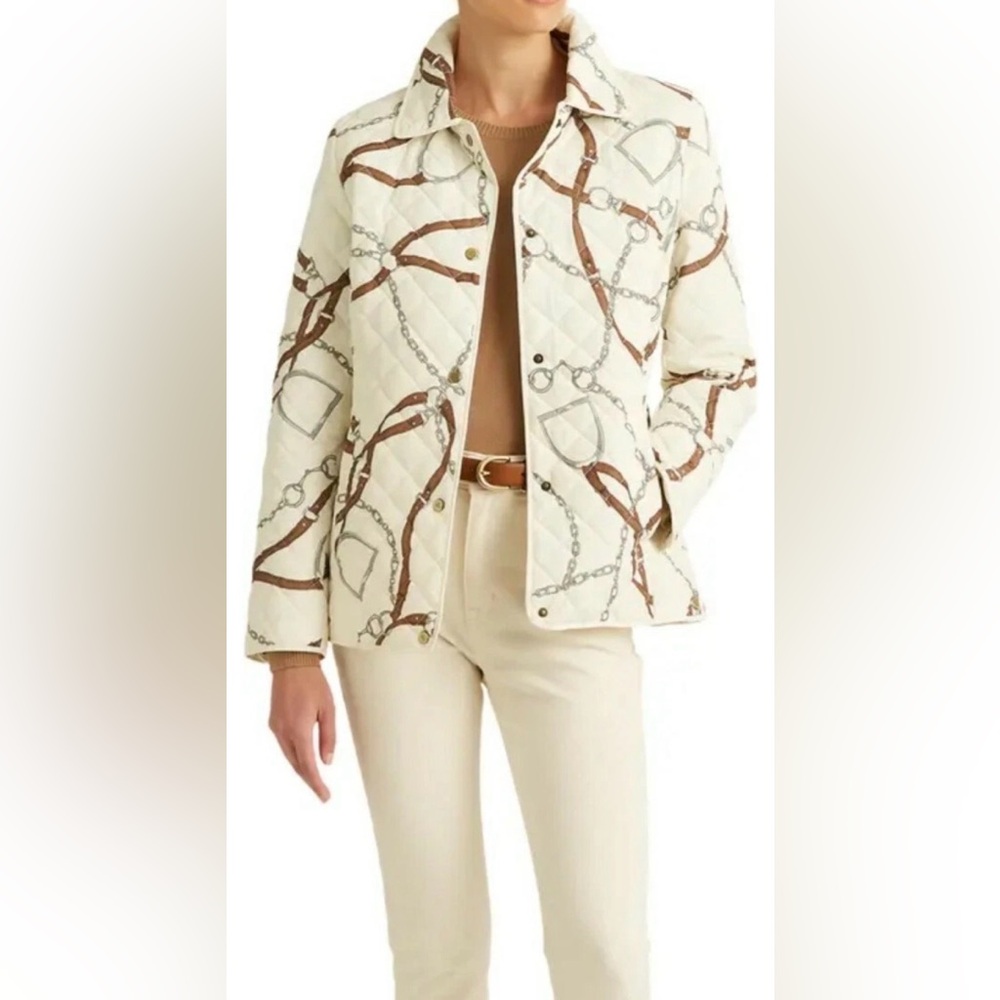 LAUREN Ralph Lauren Women Equestrian Design Vanilla White Quilted Jacket L NWOT